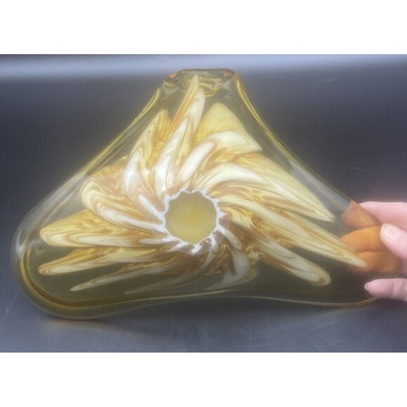 VTG Murano Amber W/ Gold & White Feather Glass Bowl W/ Folded Edge 12” - Picture 6 of 7